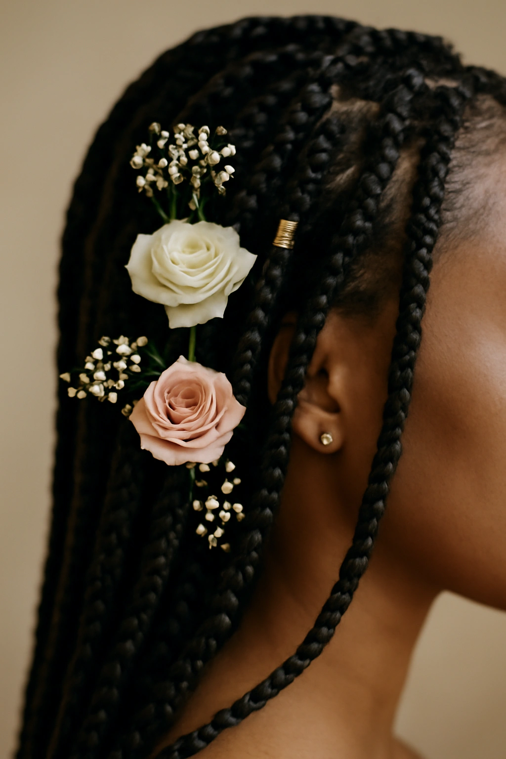Close-up of box braids woven with flowers and hair accessories
