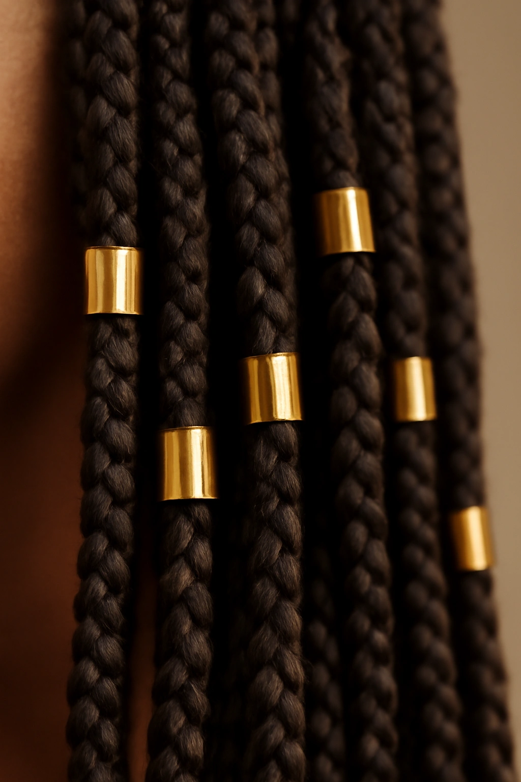 Box braids with gold cuffs on several strands catching light