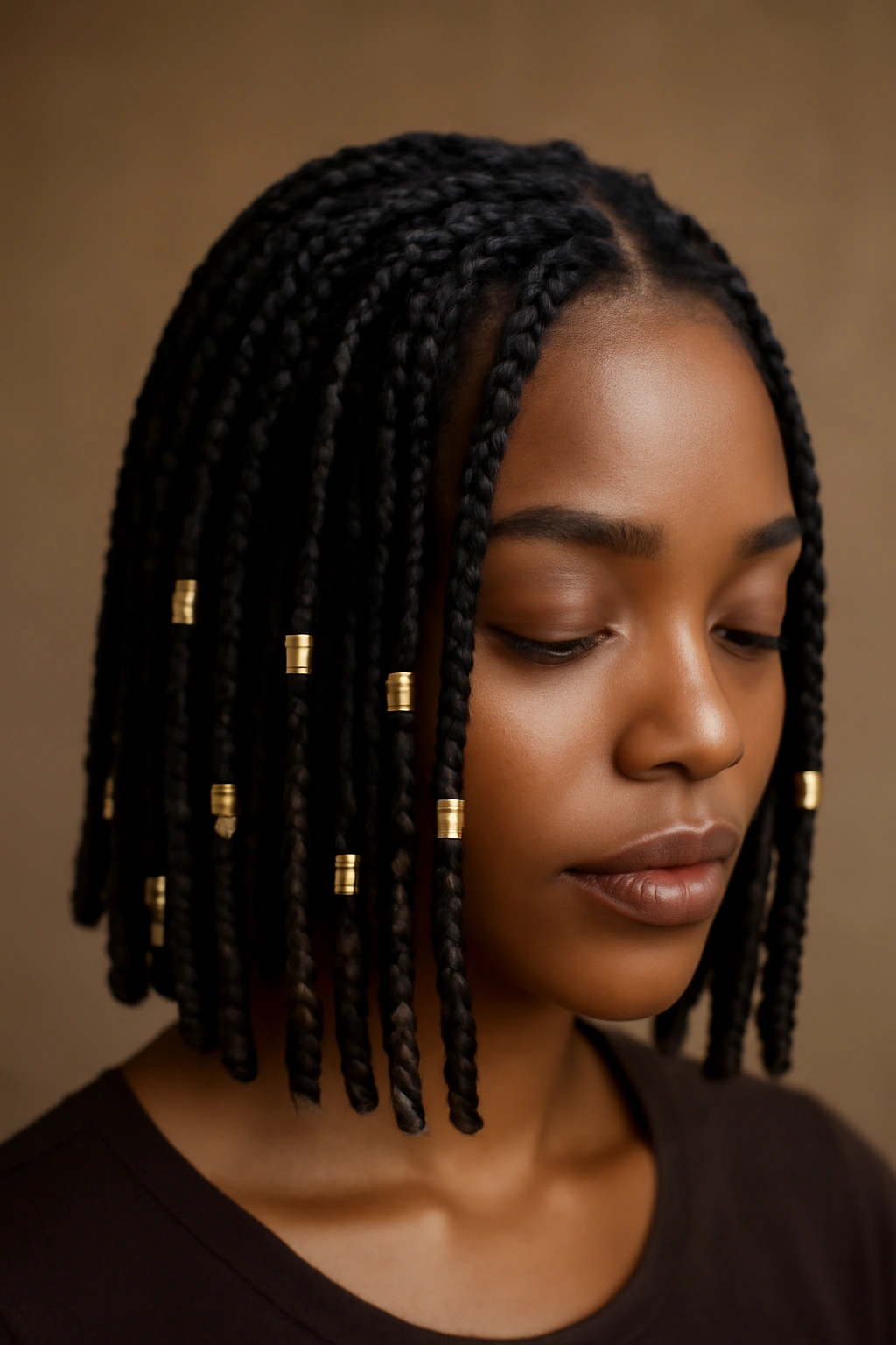 Box braids with gold cuffs placed on select braids for polish