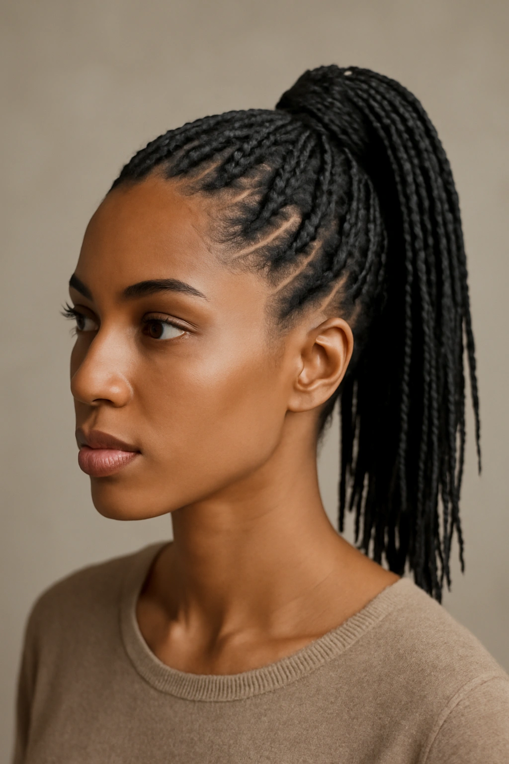 High ponytail made from short box braids with a neat base