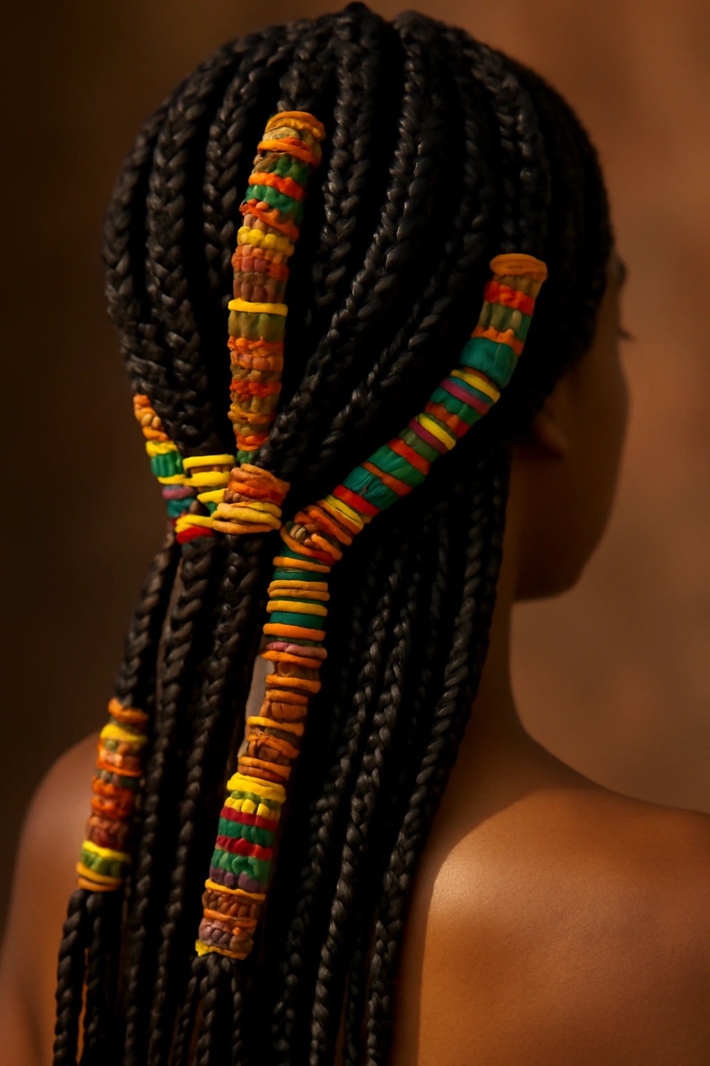 Box braids with colorful Kente cloth wraps around the ends.