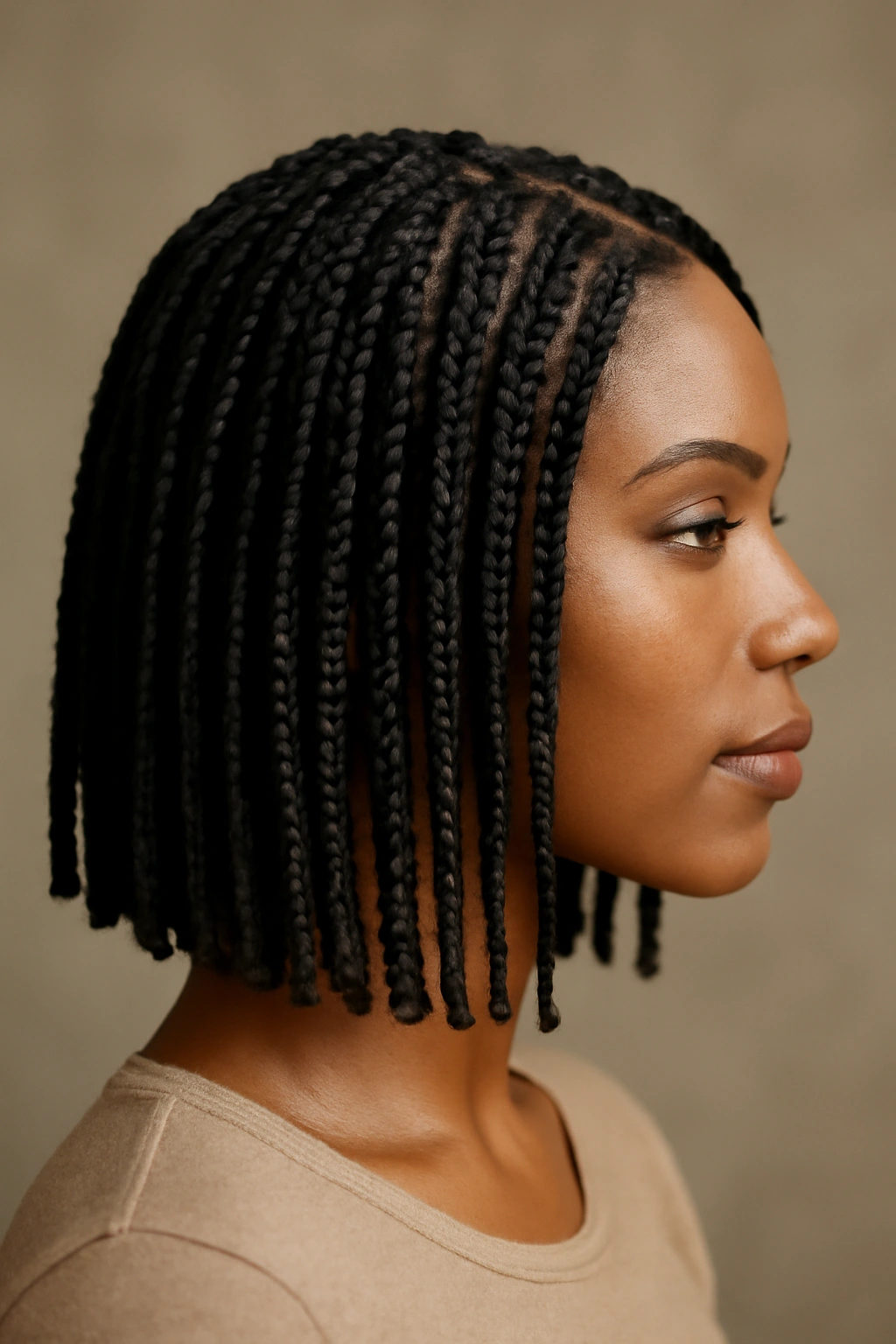 Close-up of shoulder-length box braids with minimal beads and clean edges
