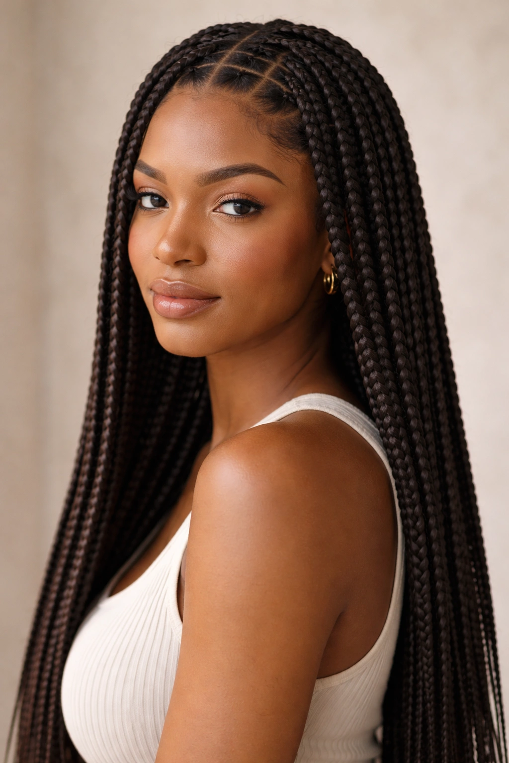 Profile view of box braids with square scalp partitions.
