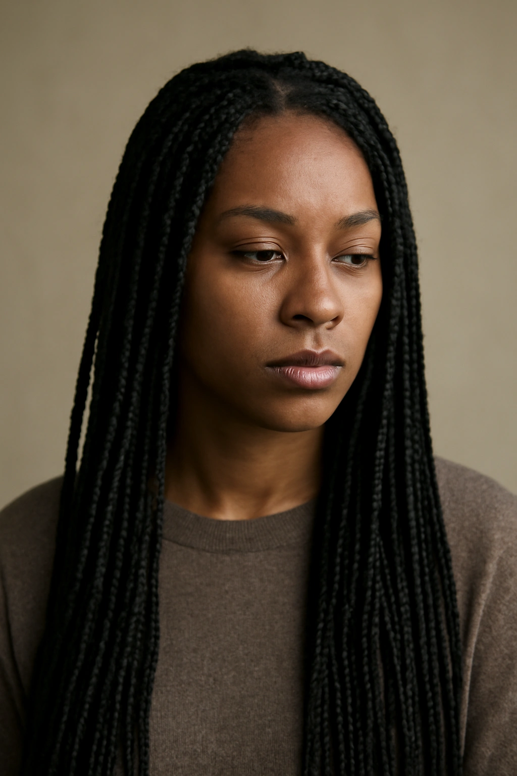 Contemplative portrait of a person with box braids in neutral studio lighting