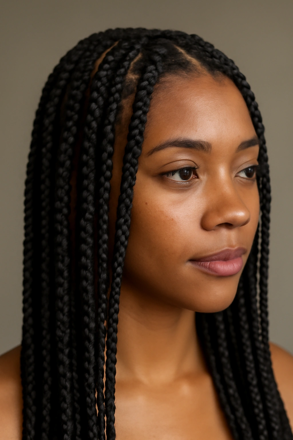 Close-up of a head with square-section box braids and visible scalp