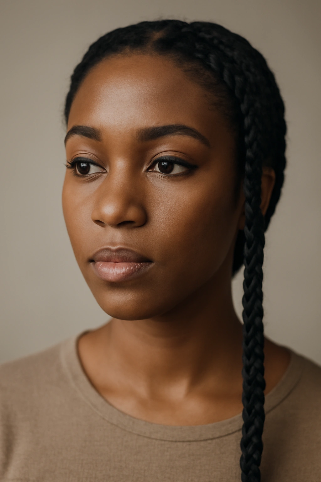 Close-up of a box braid hairstyle on a person in a neutral studio setting