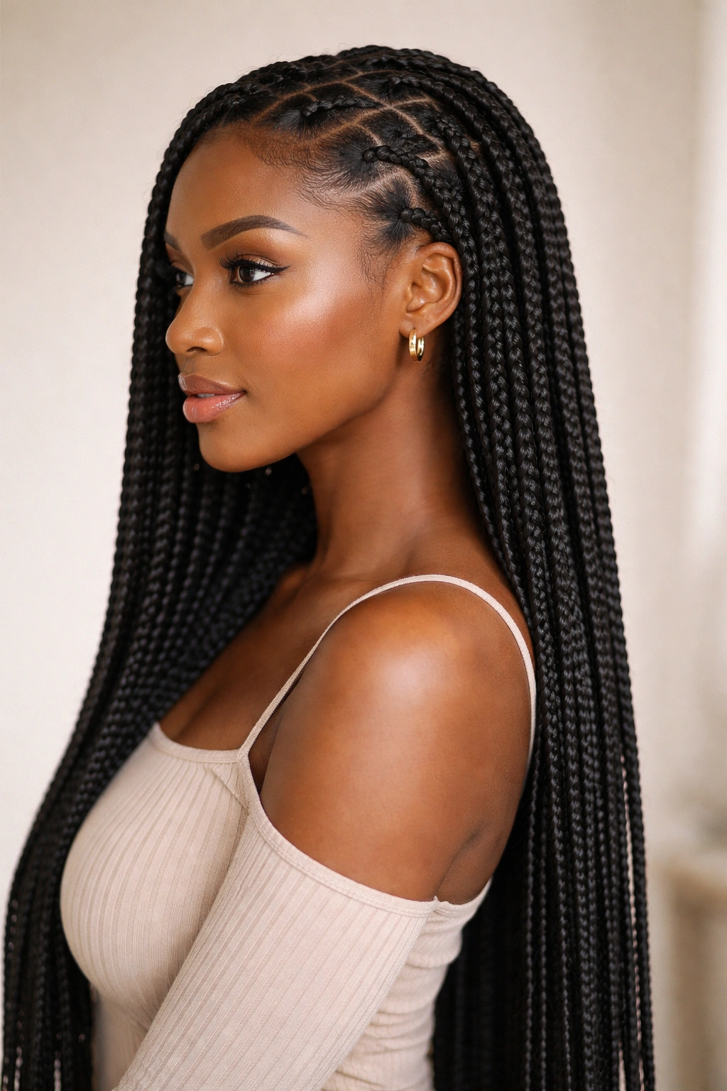Side profile of a Black woman with box braids