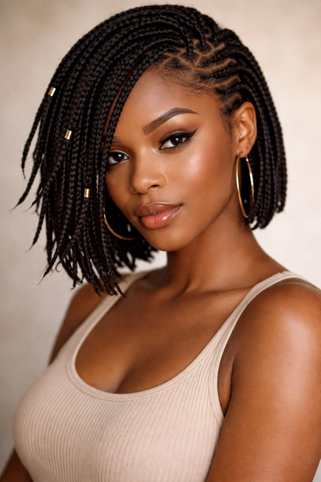 Side-swept box braids on short hair with dramatic asymmetry