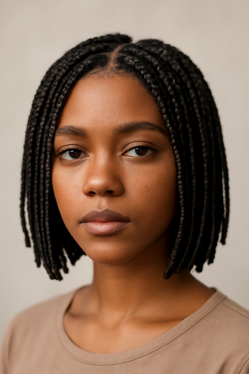 Close-up of short box braids framing the face in a clean studio.