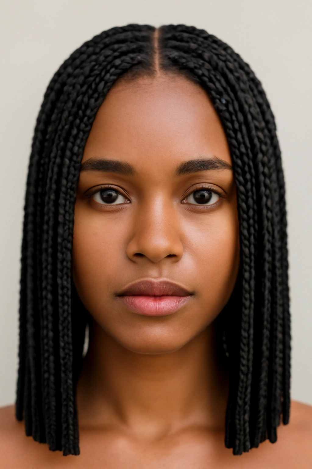 Close-up of straight-perimeter box braids with sealed ends