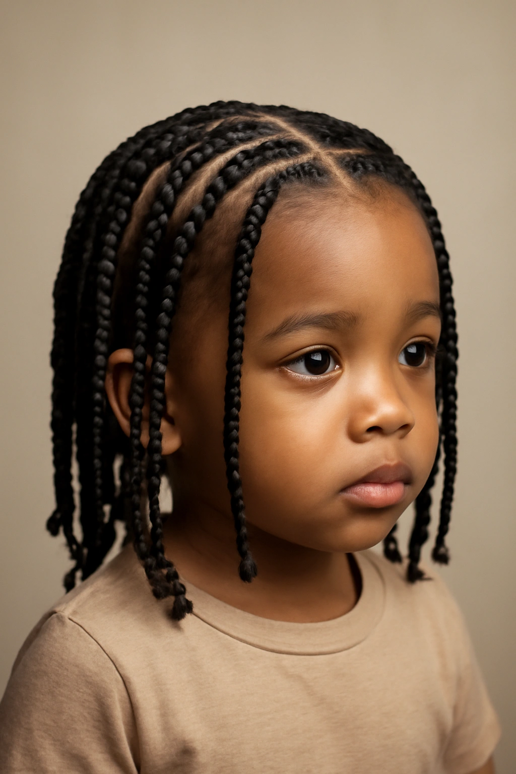 Close-up of a toddler wearing classic box braids in a neat scalp grid