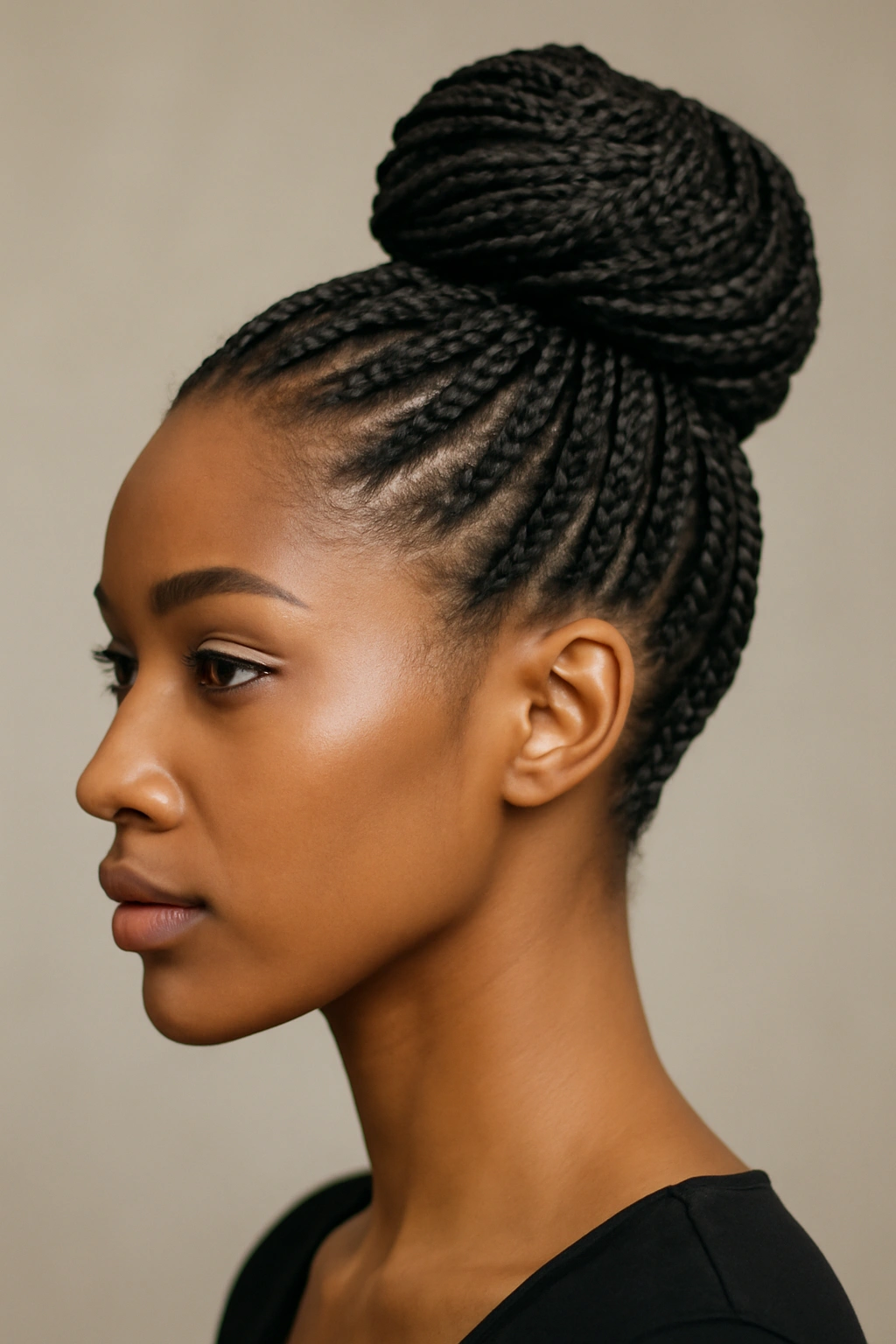 Close-up of a braided updo bun formed from box braids.