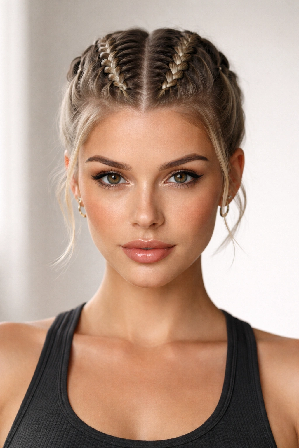 Front close-up of two thick boxer braids down the center of a short crop