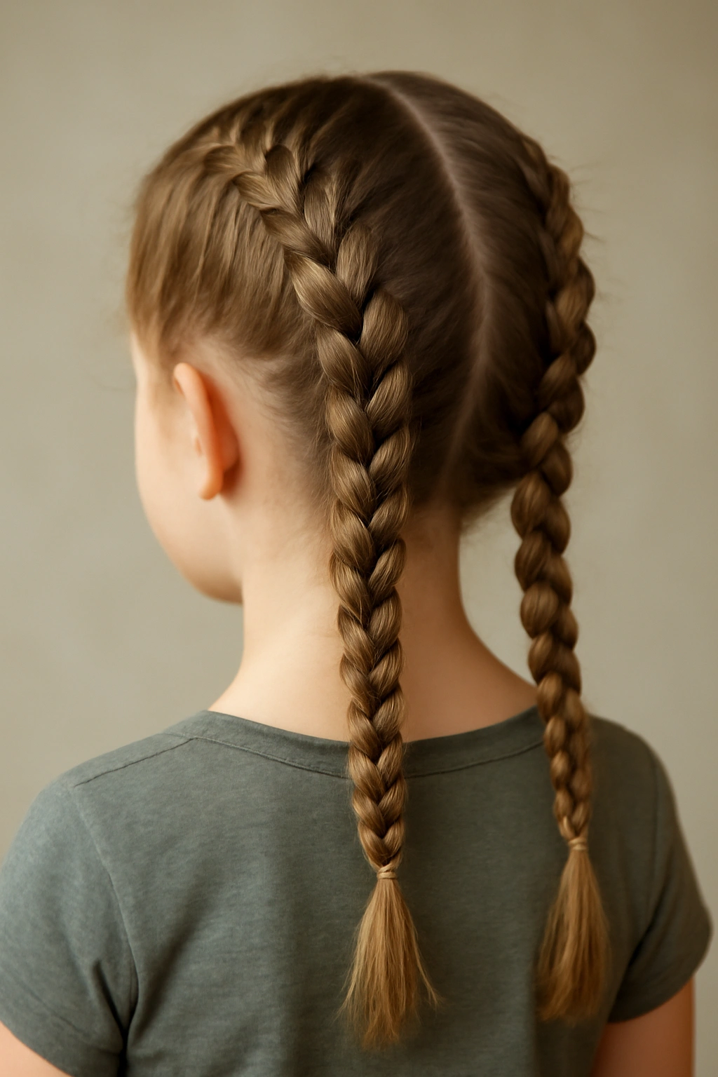 Two Dutch boxer braids along the back of a toddler's head meeting at the nape