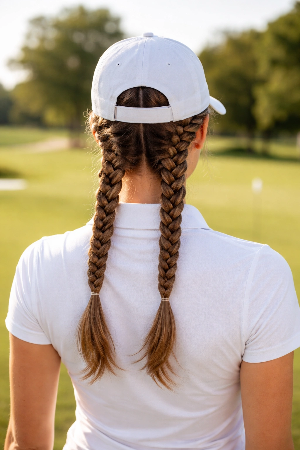 Back view of a golfer showing two parallel boxer braids on a sunny course