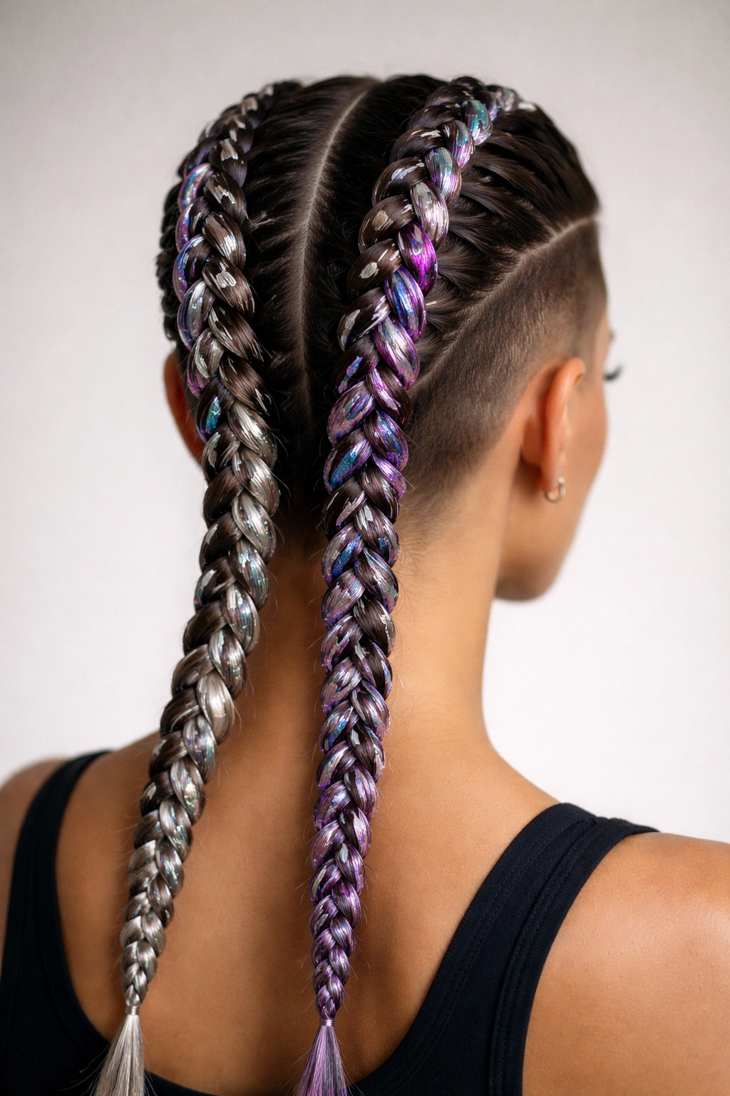 Two Dutch boxer braids with metallic threading woven through them