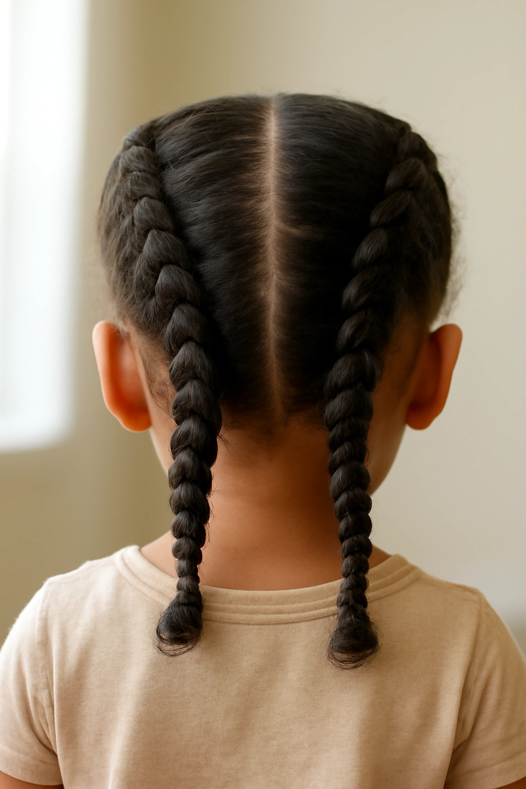 Two thick Dutch boxer braids on a toddler's head with center part