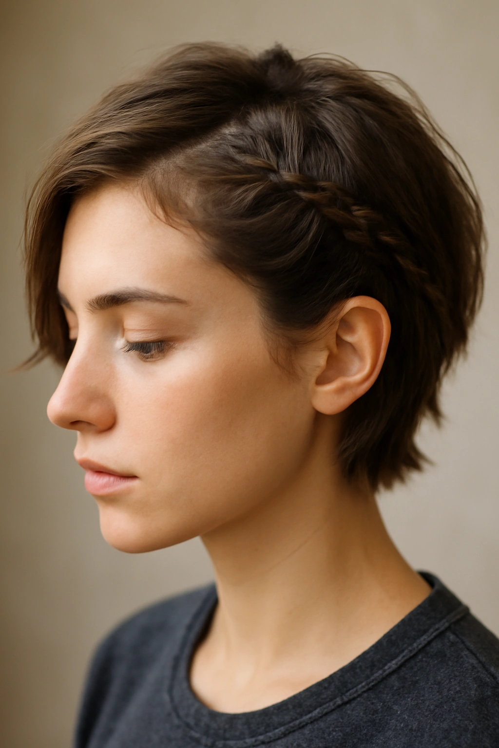 Short-haired person with a small side braid sweeping toward the back.