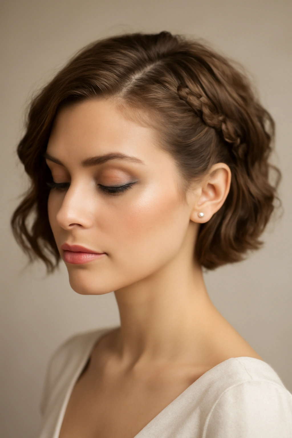 Close-up of short hair with a single thin braid at the temple