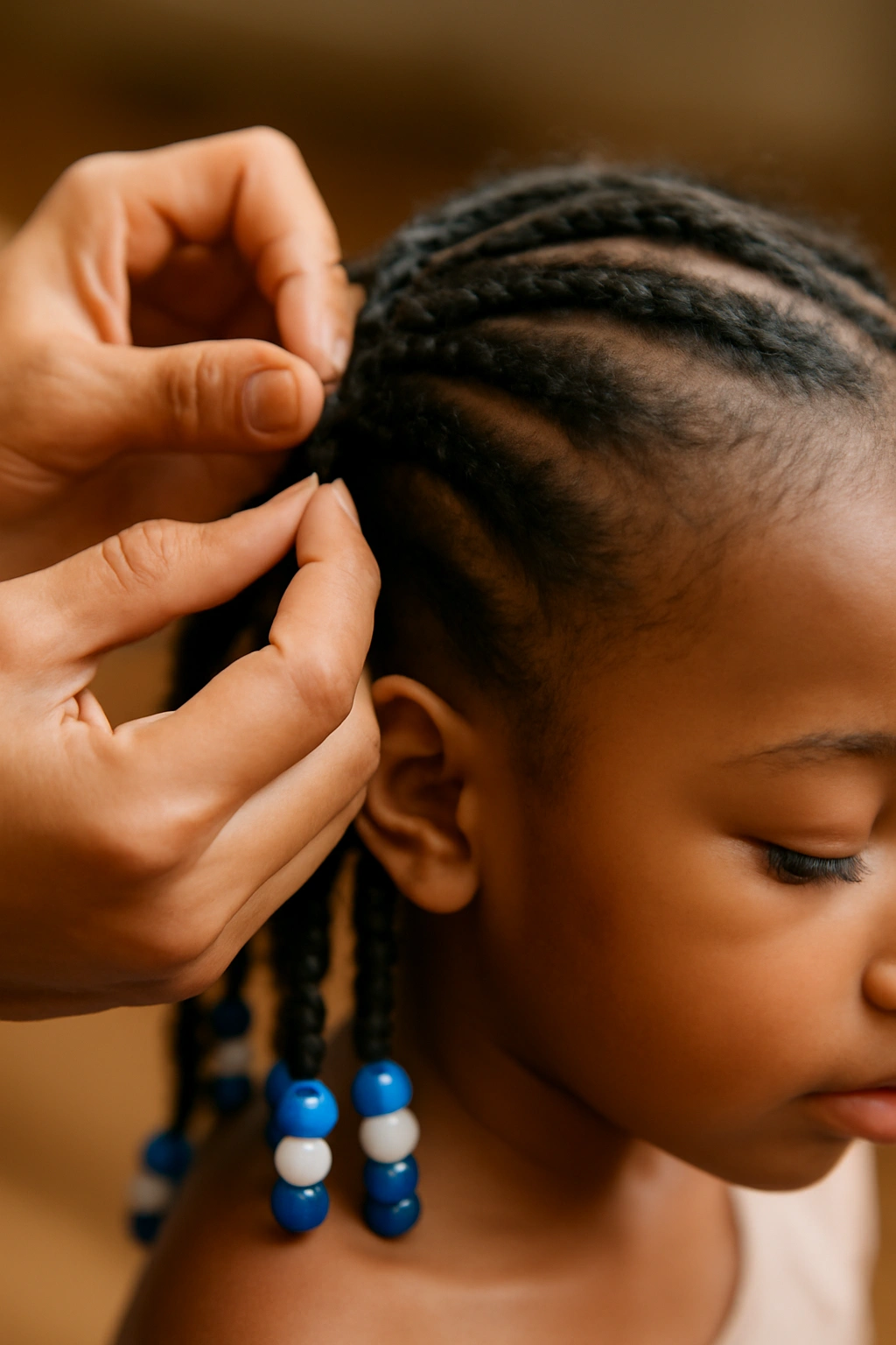 Hands rebraiding roots on toddler's braided hair with beads