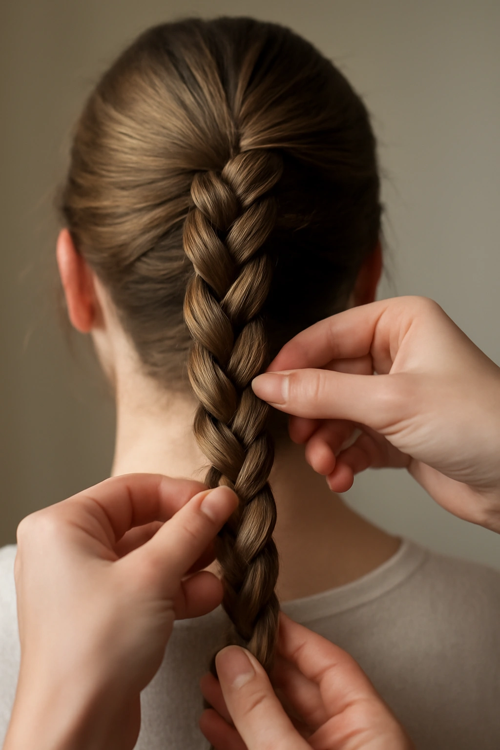 Hands balancing tension on a spiral braid to avoid unevenness