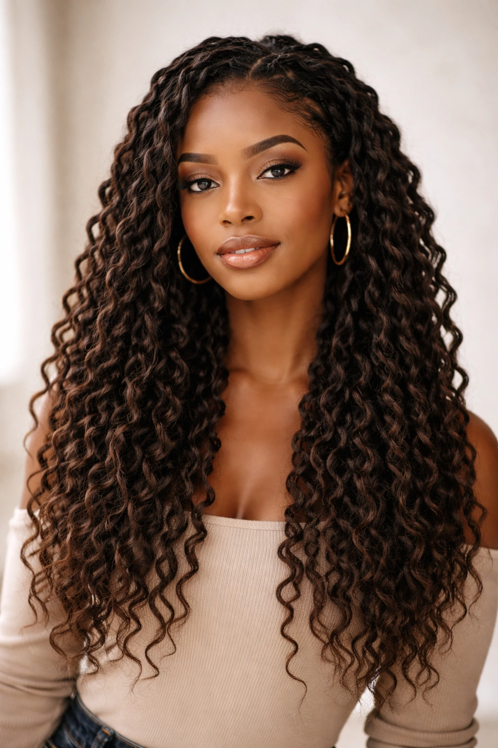 Close-up of medium-to-waist-length locs with braid-out waves