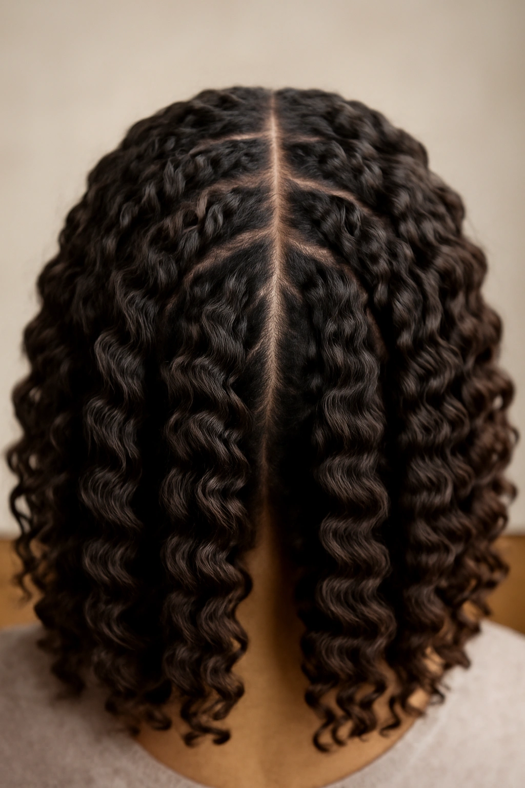 Top view of braid-out with defined waves and visible three-strand braids