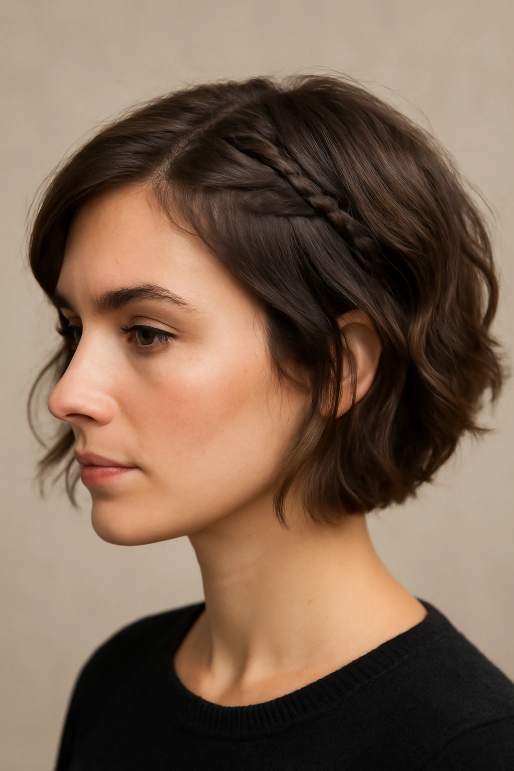 Short textured cut with a temple braid woven into the hair
