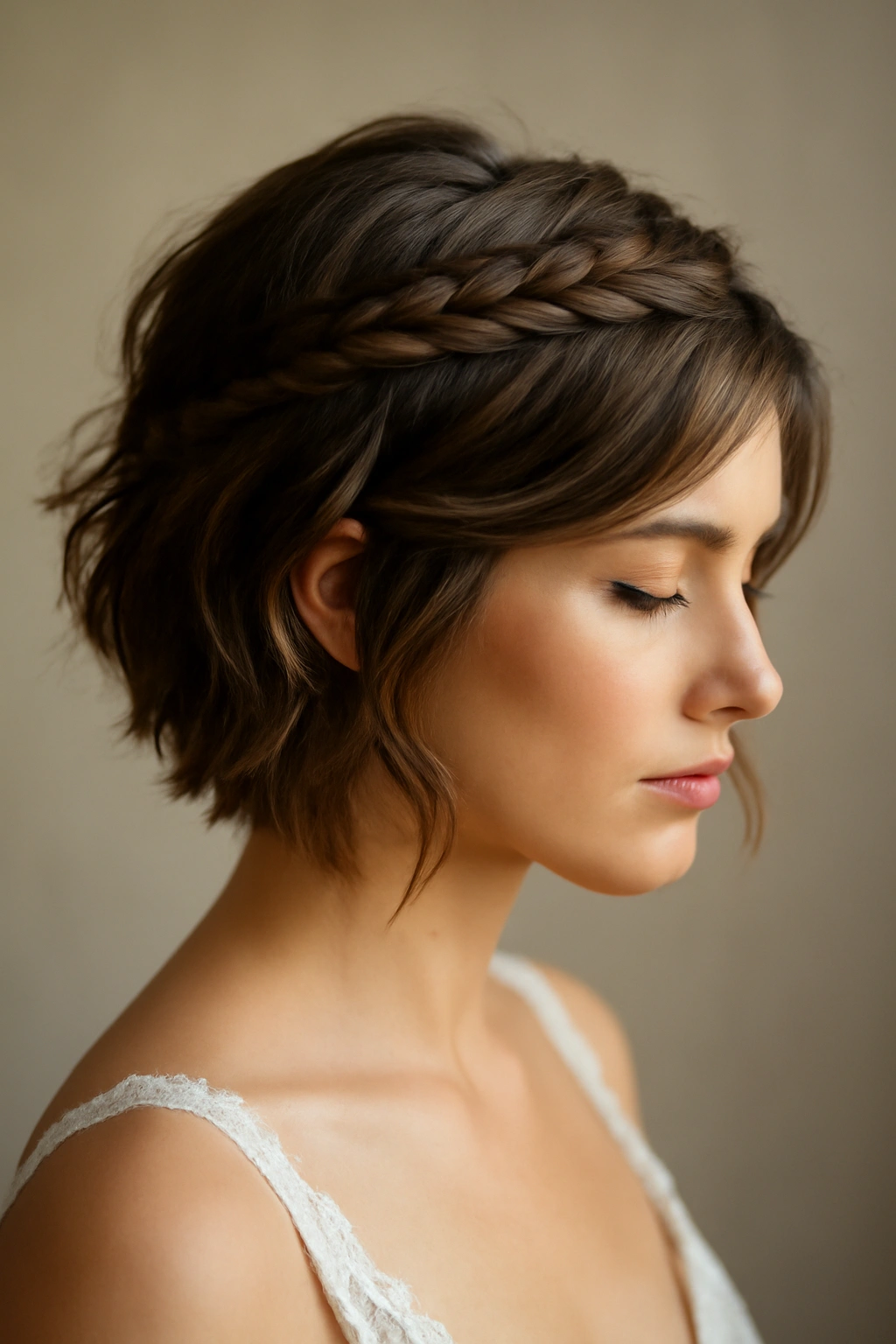 Short layered hair with a wrap-around braid around the head