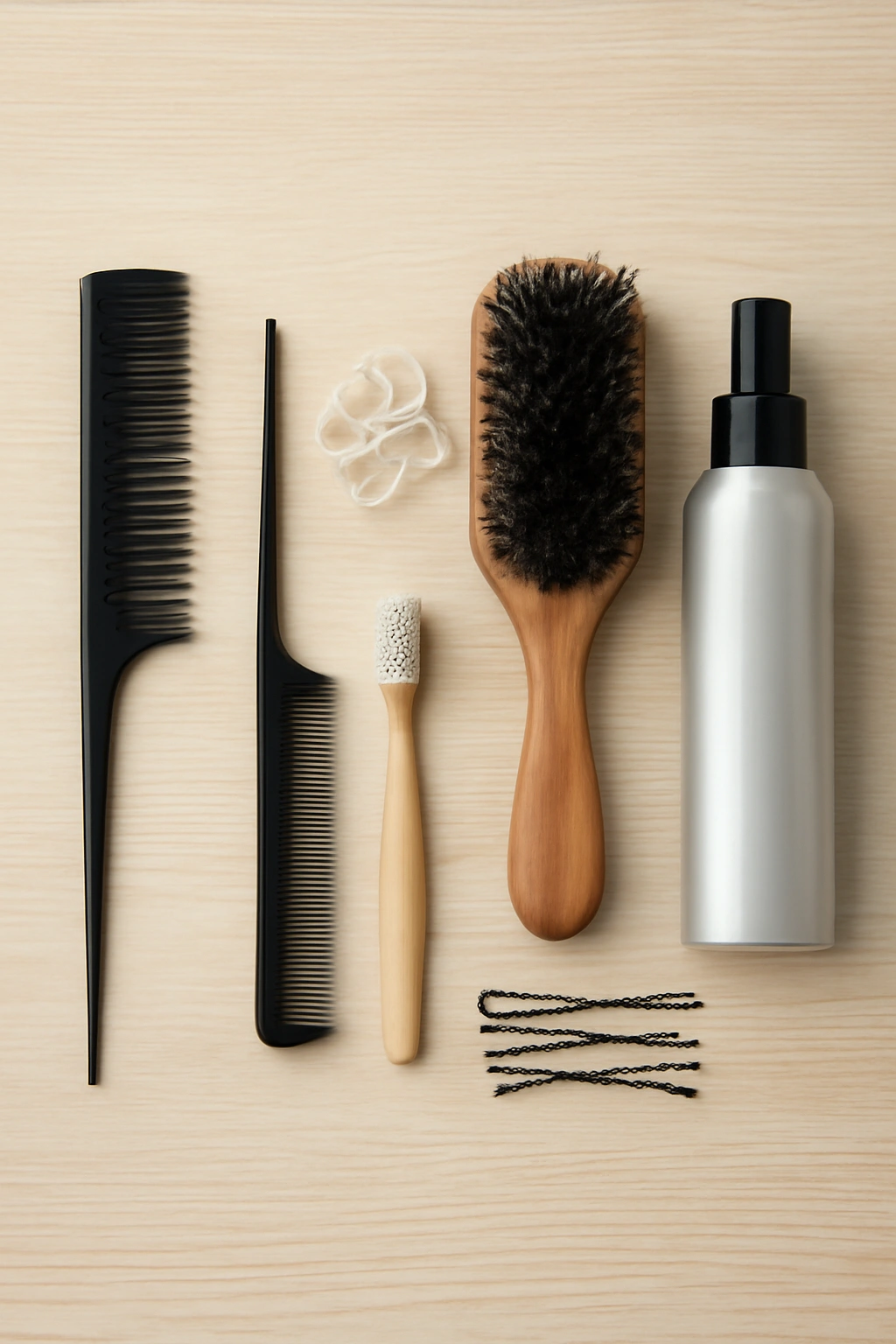 Flat lay of hair tools prepared for spiral braiding