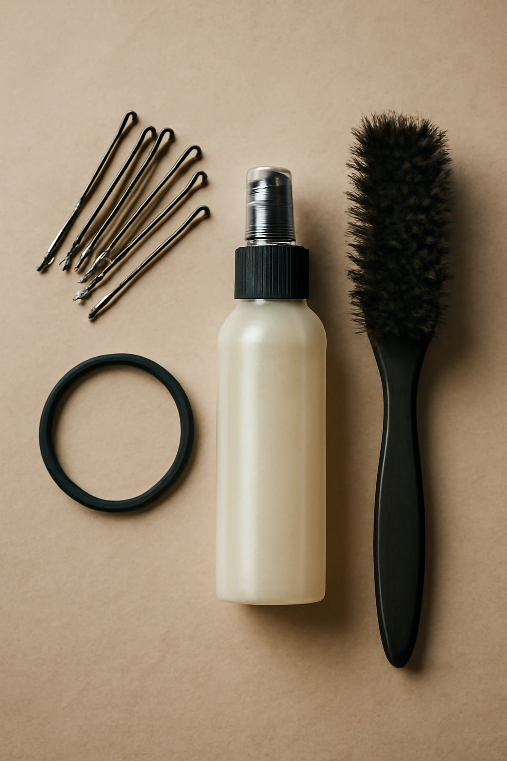 Flat lay of hair pins, textured elastics, texture spray, and teasing brush for half-up braids