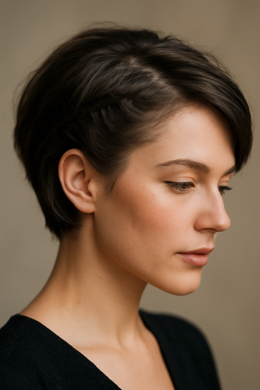 Short hair with a single delicate braid along the temple