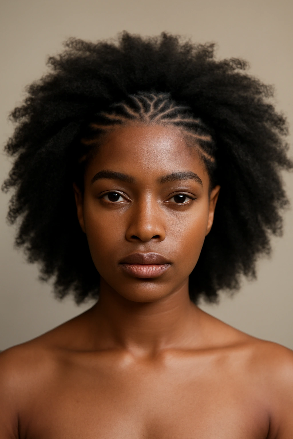 Braided afro with box braids blending into loose curls