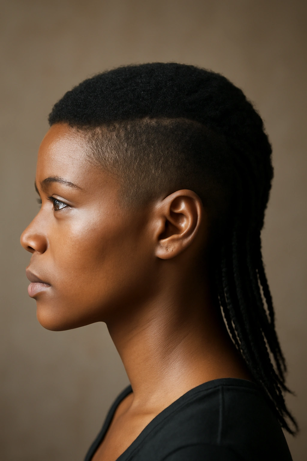 Portrait of a Black woman with a braided back mullet and short front.