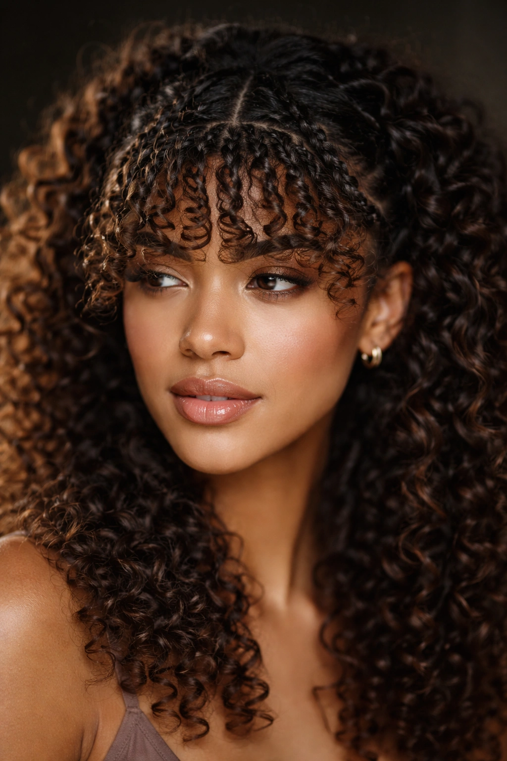 Close-up of braided bangs in a curly hairstyle showing texture
