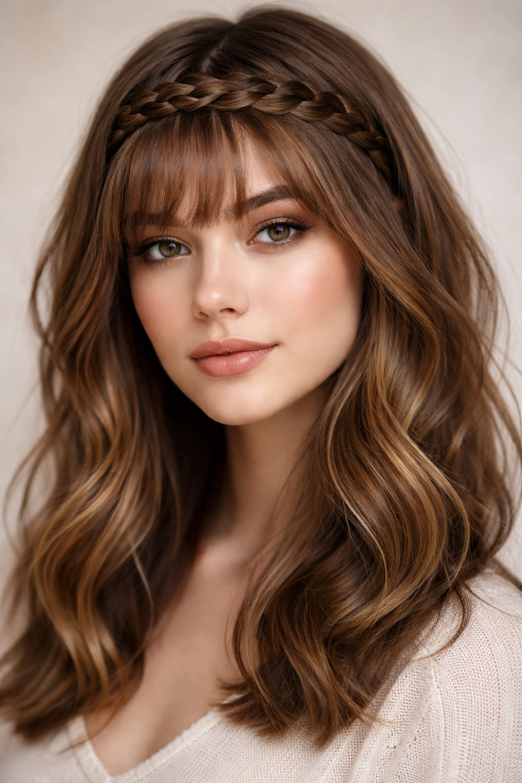 Close-up of braided bangs with a woven front braid in medium-length hair
