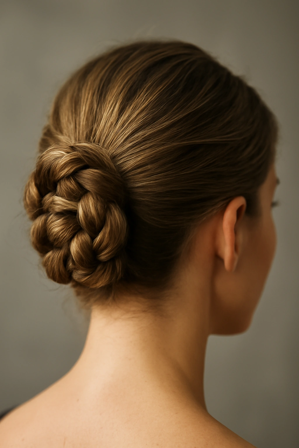 Braided bun formed from a tight three-strand braid