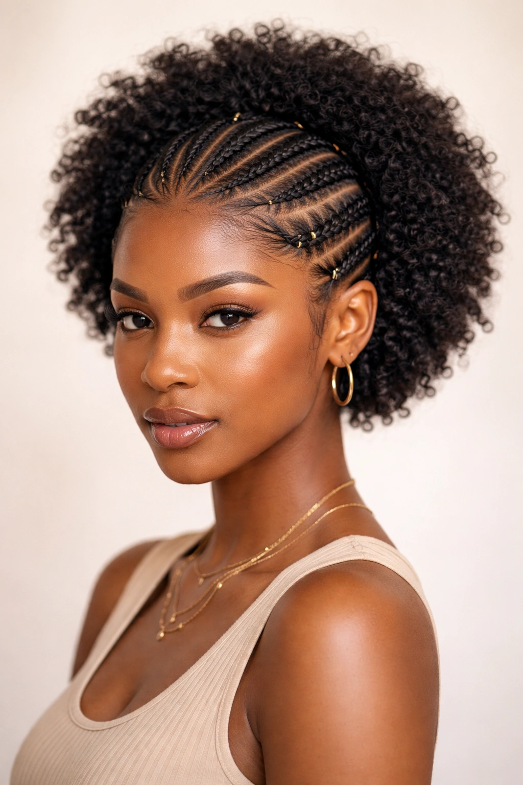 Short afro with braided or cornrowed pattern across scalp