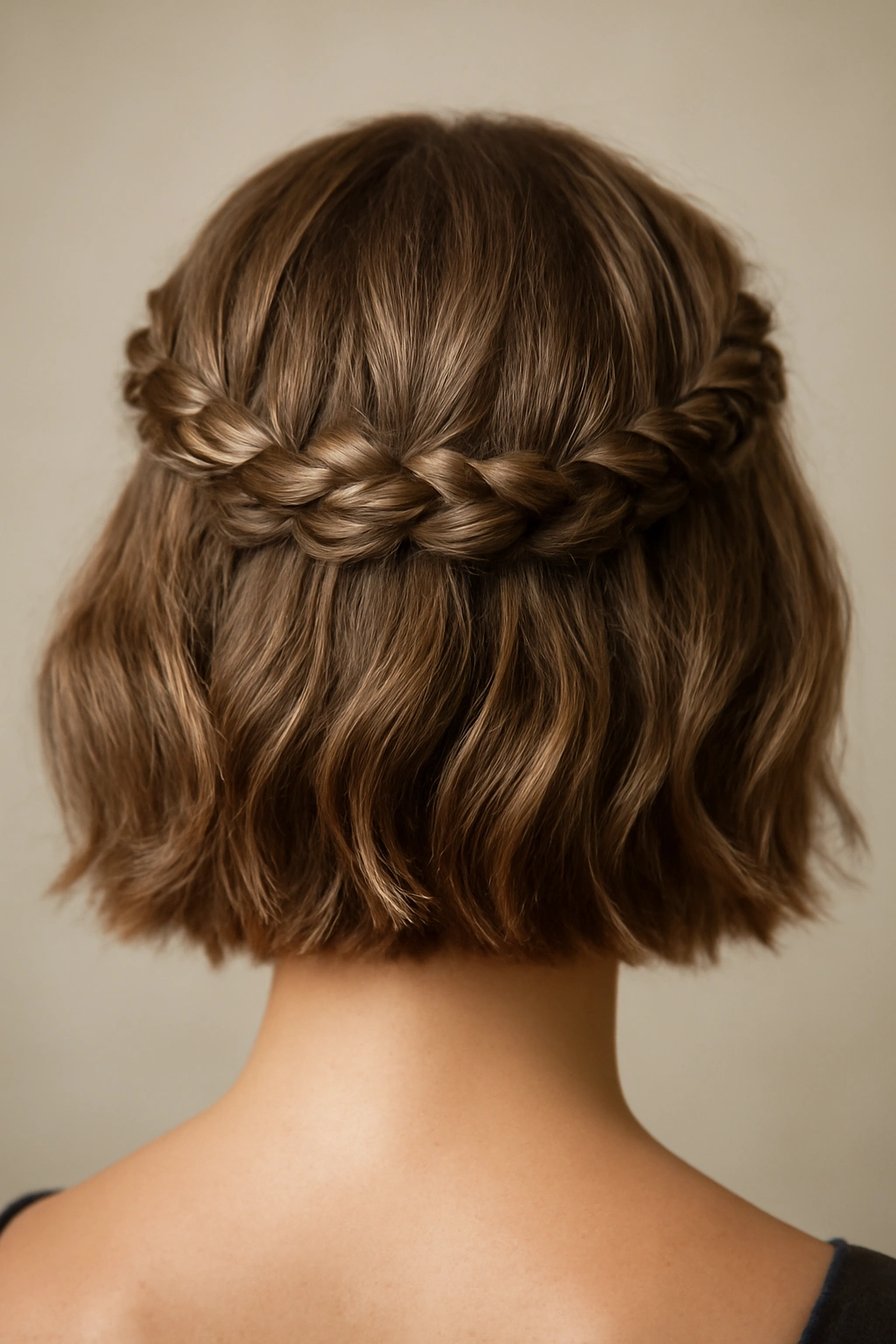 Back view of a bob featuring two crown-like braids across the back