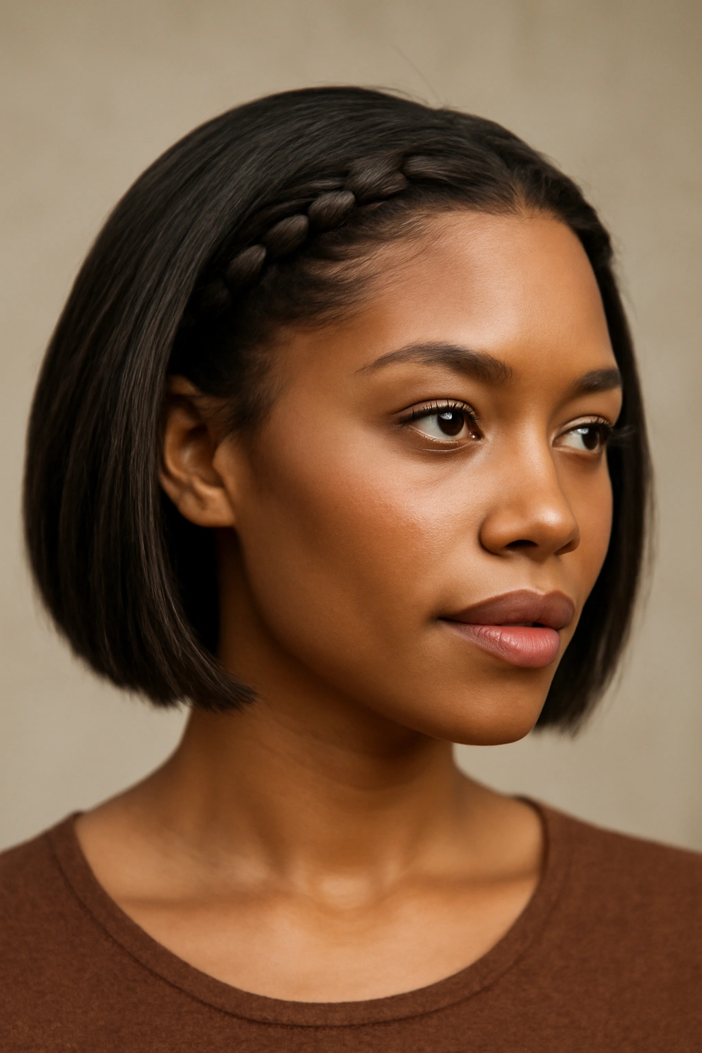 Studio portrait of The Braided Crown Detail Bob with a subtle crown braid along the hairline.