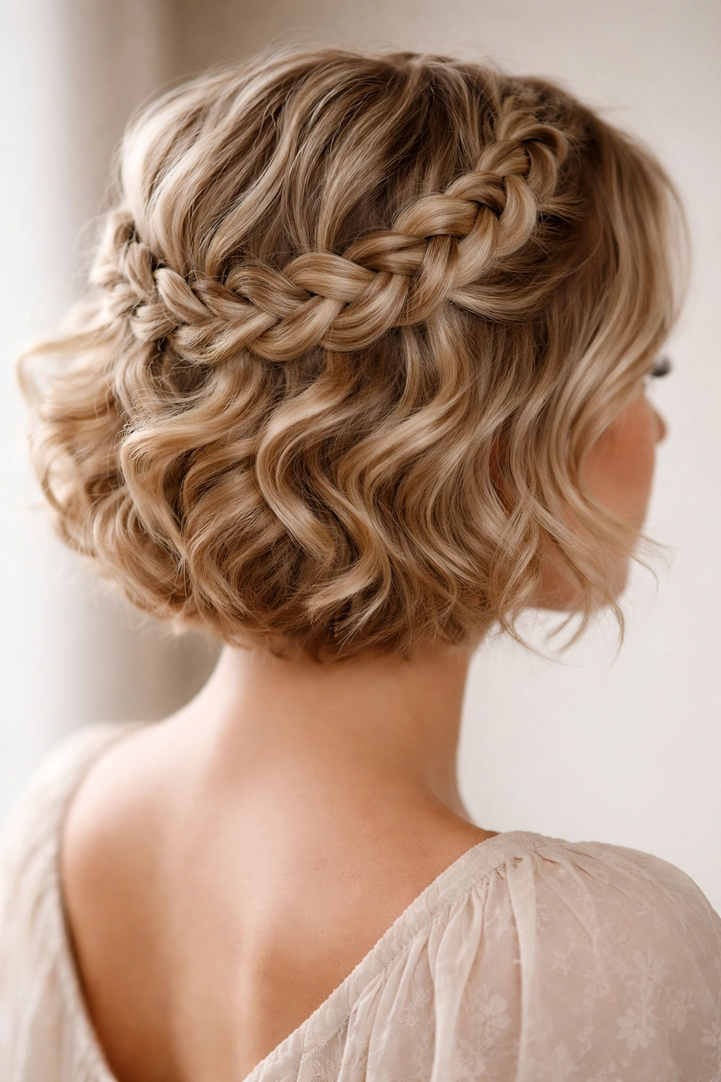 Crown braid with loose curls framing the head in a soft, romantic style