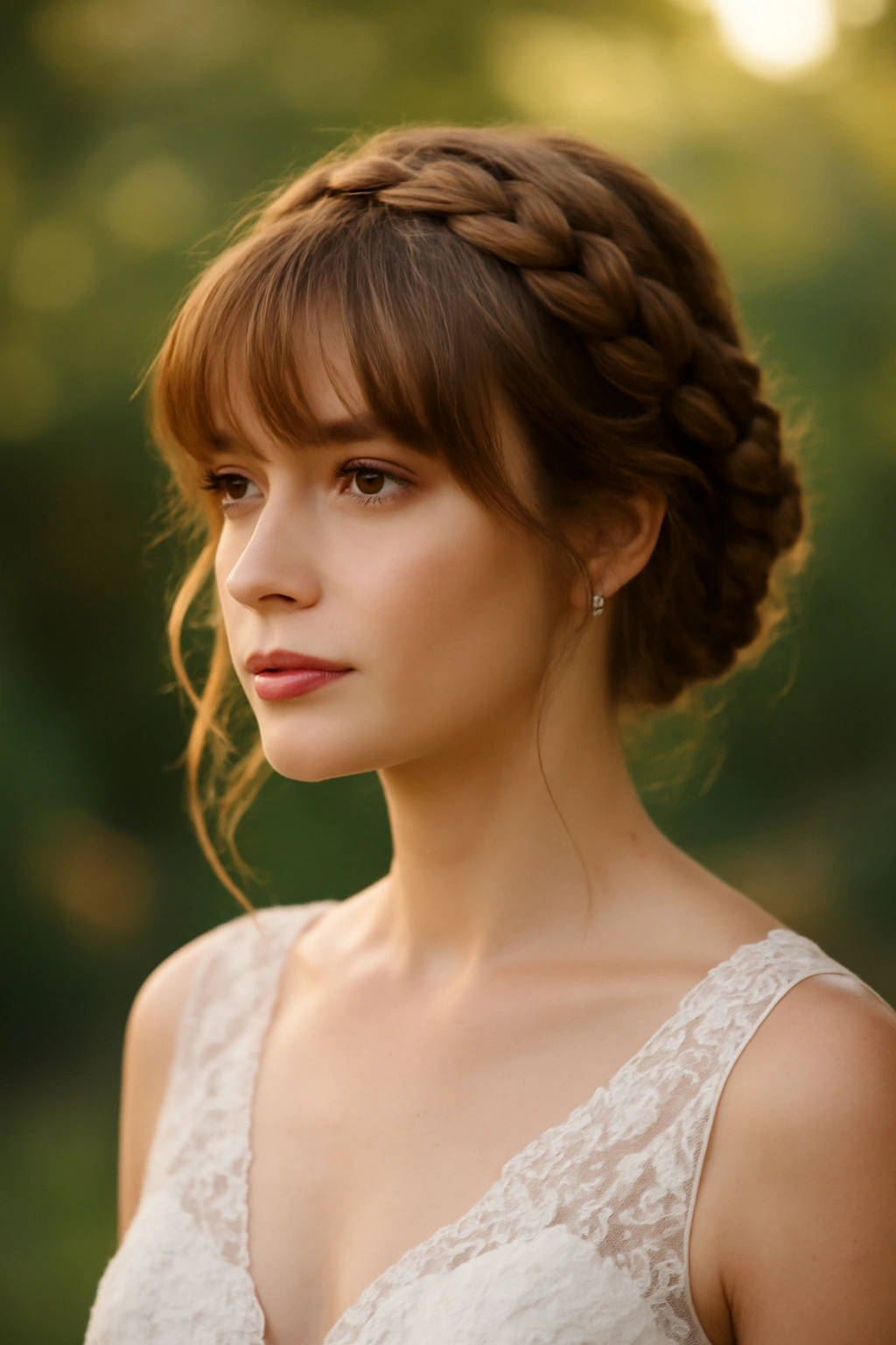 Bridal look featuring a braided crown and feathered bangs against a soft outdoor background