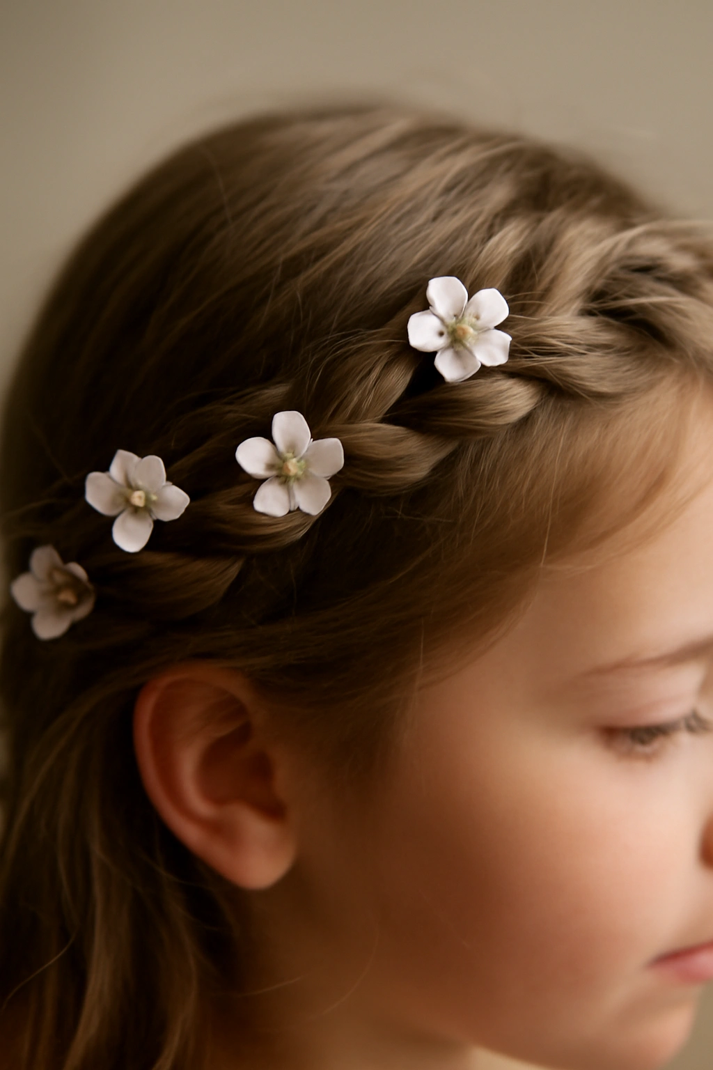 Close-up of a braided flower crown woven into hair