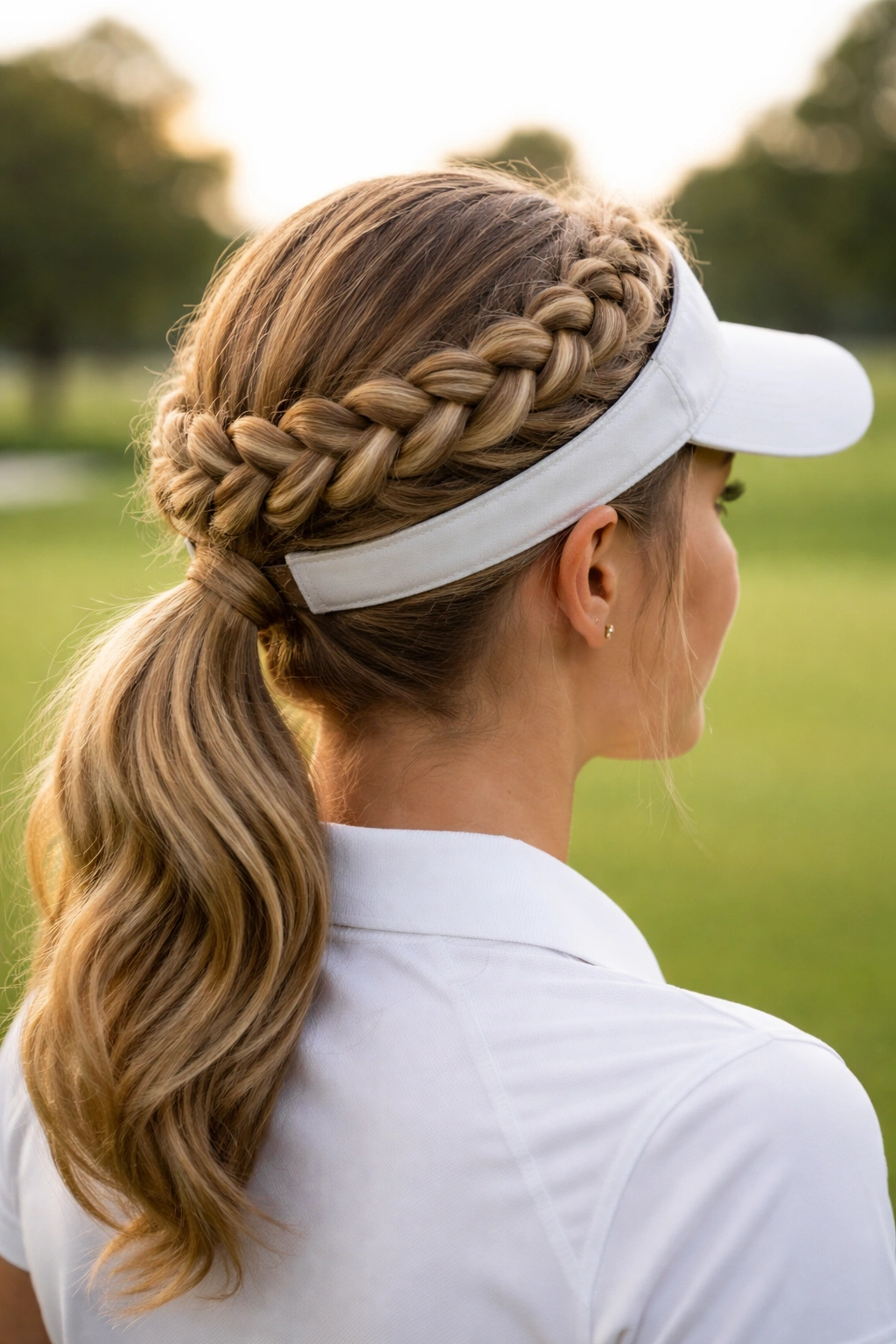 Close-up of a braided crown encircling the head on a golfer