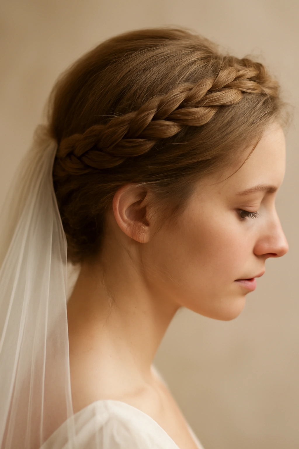 Crown braid encircling head on bridal hair