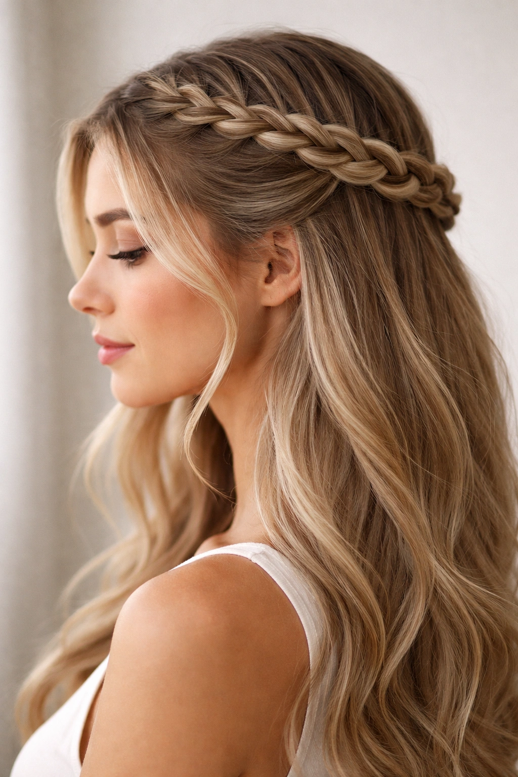 Close-up of a braided crown framing the head with loose hair at the sides.