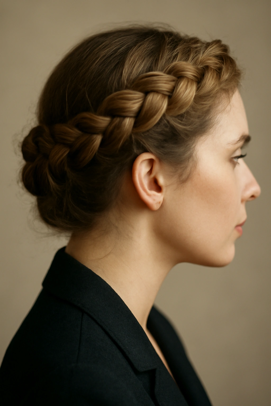 Close-up of braided crown hairstyle around the head with textured hair in a studio setting