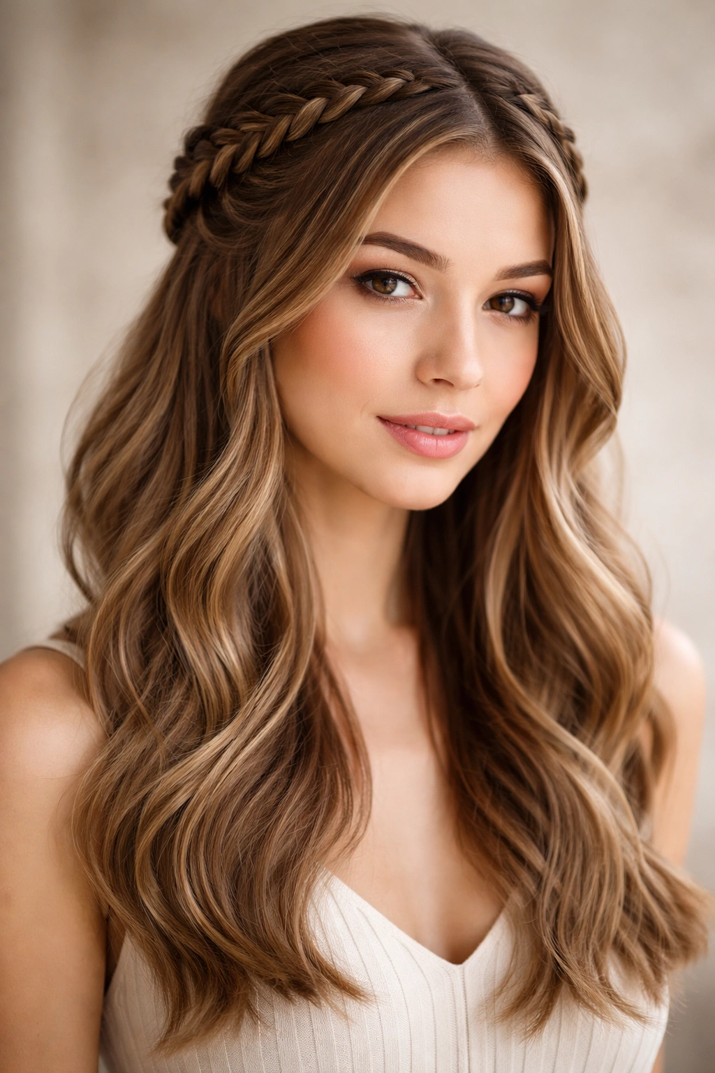 Hair styled in a braided crown and a half-up braid