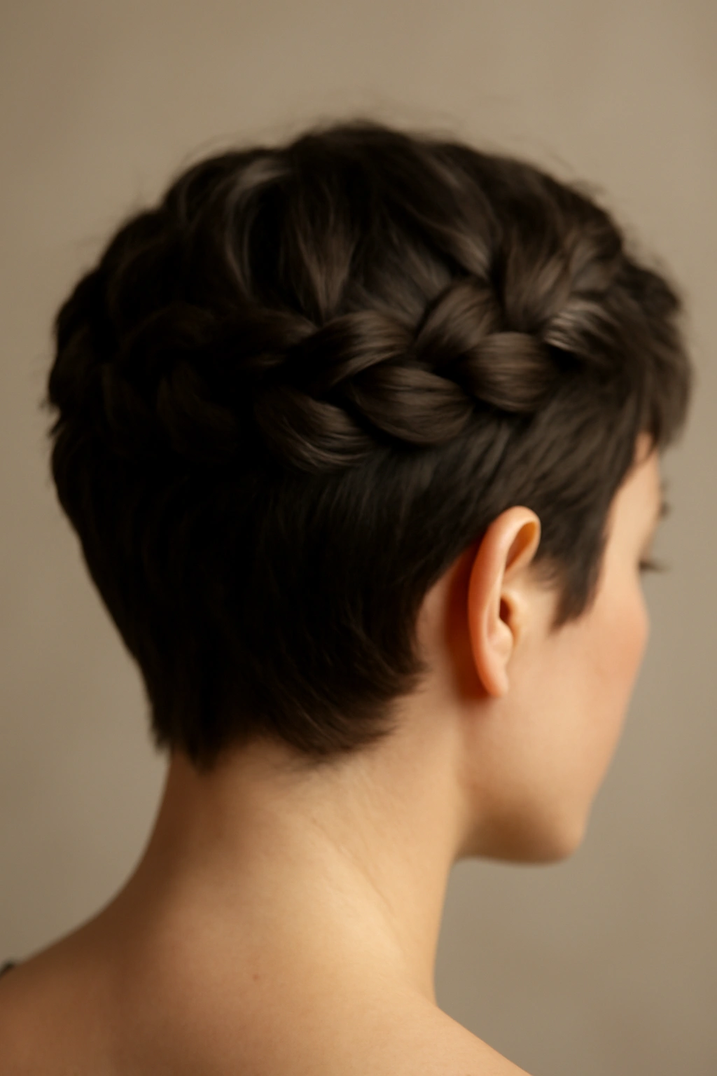 Halo braid around the crown on short hair in studio