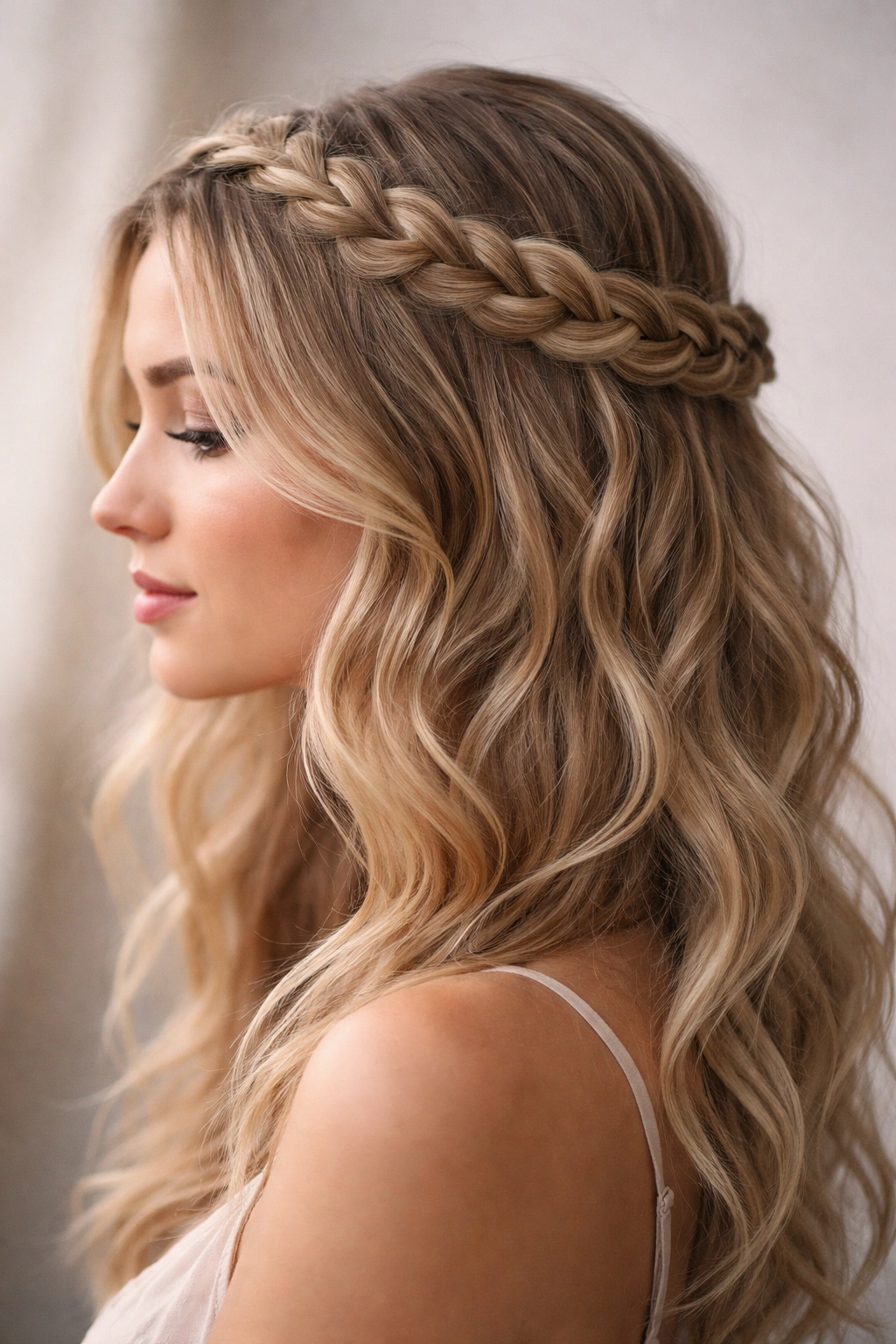 Fine wavy hair styled into a crown braid halo around the head